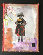 Load image into Gallery viewer, mixed media different colours of acrylic paint on old cover of a book with little girl holding a bag with gold in it in right top of the artwork a piece of pink flower is visible white background girl is wearing a flower dress missy and her bag
