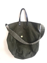 Load image into Gallery viewer, green bag with shoulder handle and smaller leather handles fabric repaired with kintsugi japanese goldpaste
