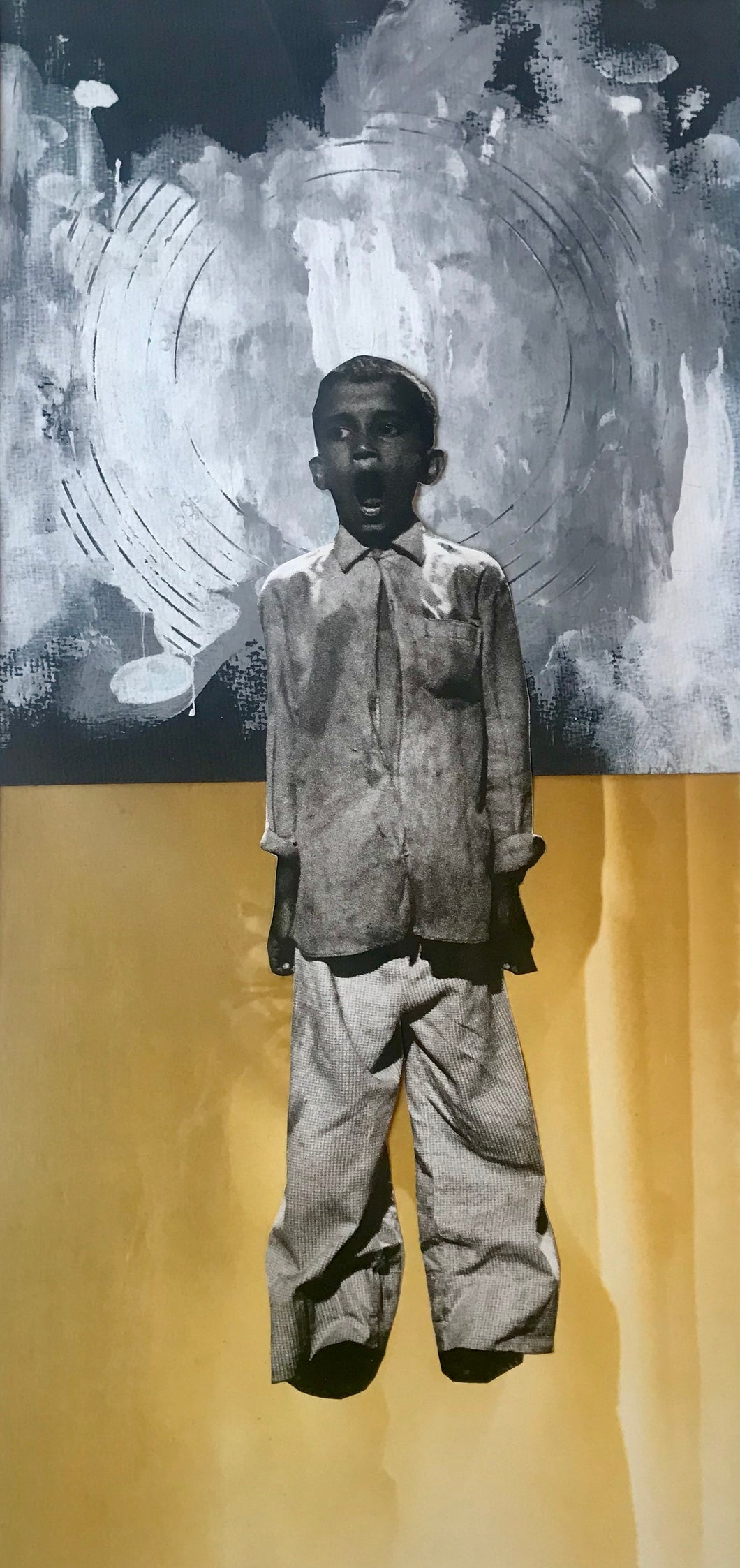 Boy with open mouth. Black and white. yellow and grey white background. Fusion art. Mixed media. Art online