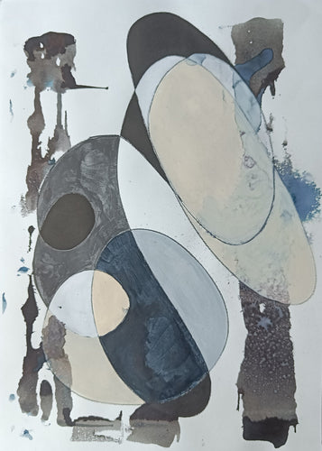 abtract art blue black grey colours ovaal ronde lijnen natuurlijke vormen abstracte kunst inkt acryl verf
